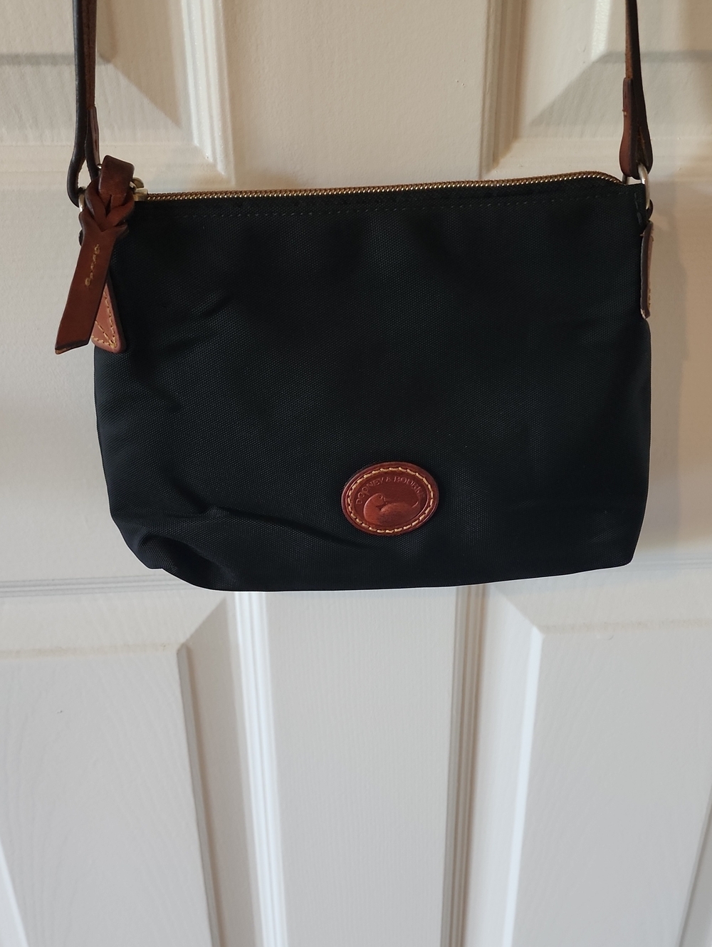 Dooney & Bourke Black Nylon Crossbody Pouchette with Brown Leather Trim